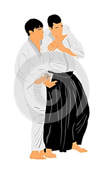 Fight between two aikido fighters symbol illustration. Sparring on training action. Self defense, defence