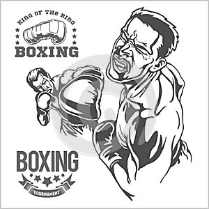 Fight between two boxers - monochrome illustrations.