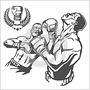 Fight between two boxers - monochrome illustrations.