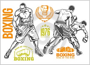 Fight between two boxers - set of monochrome illustrations.Plus vintage boxing emblems, labels, badges, logos and