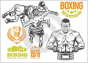 Fight between two boxers - set of monochrome illustrations.Plus vintage boxing emblems, labels, badges, logos and