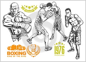 Fight between two boxers - set of monochrome illustrations.Plus vintage boxing emblems, labels, badges, logos and