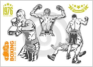 Fight between two boxers - set of monochrome illustrations.Plus vintage boxing emblems, labels, badges, logos and