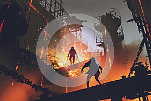 Fight of two futuristic warriors in industrial factory