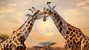 Fight of two giraffes. Africa. Kenya. Samburu national park. Generative AI