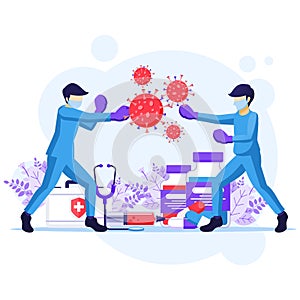 Fight the Virus Concept  Doctor and nurses use boxing gloves punch COVID-19 Coronavirus cells illustration