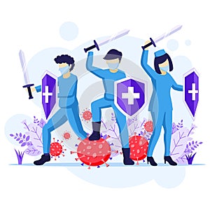 Fight the Virus Concept  Doctor and nurses use sword and shield to fighting Covid-19 coronavirus illustration