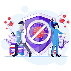 Fight the Virus Concept  Doctor and nurses use sword and shield to fighting Covid-19 coronavirus illustration