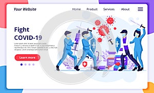 Fight the Virus Concept, Doctor and nurses use sword and shield to fighting Covid-19 coronavirus. Modern flat web landing page