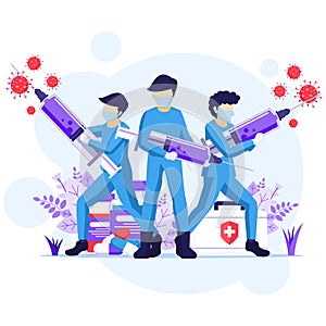 Fight the Virus Concept  Doctor and nurses use syringe to fighting Covid-19 coronavirus illustration