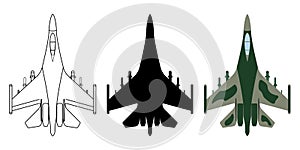 Fighter aircraft silhouette, cartoon, outline. Military equipment set icon. Vector illustration