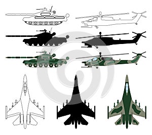 Fighter aircraft, tank, helicopter in silhouette, cartoon, outline style. Military equipment set icon. Vector illustration