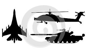 Fighter aircraft, tank, helicopter silhouette. Military equipment set icon. Vector illustration