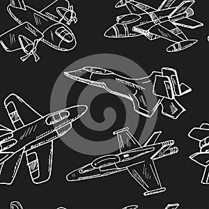 Fighter aircraft. Vintage decoration. Hand drawn doodle seamless pattern Sketches. Vector illustration for design and