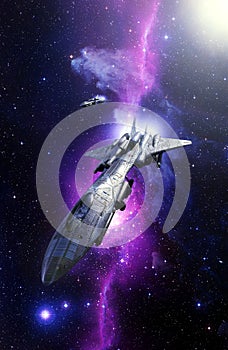 Fighter bomber spaceship and nebula starfield photo