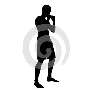 Fighter in fighting stance Man doing exercises Sport action male Workout silhouette side view icon black color illustration