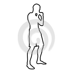 Fighter in fighting stance Man doing exercises Sport action male Workout silhouette side view icon black color outline