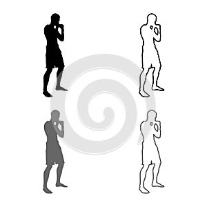 Fighter in fighting stance Man doing exercises Sport action male Workout silhouette side view icon set grey black color