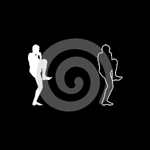 Fighter in fighting stancewith raised leg Man doing exercises Sport action male Workout silhouette side view icon set white color