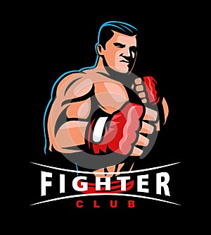 Fighter with fists in gloves stands in fighting stance. Design for fight club or sports emblem. Vector illustration