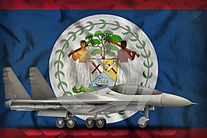 Fighter, interceptor on the Belize state flag background. 3d Illustration