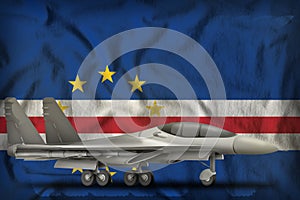 Fighter, interceptor on the Cabo Verde state flag background. 3d Illustration