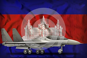 Fighter, interceptor on the Cambodia state flag background. 3d Illustration