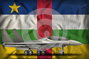 Fighter, interceptor on the Central African Republic state flag background. 3d Illustration