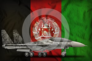 Fighter, interceptor with city camouflage on the Afghanistan state flag background. 3d Illustration