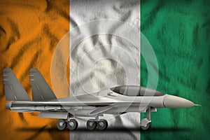 Fighter, interceptor on the Cote d Ivoire state flag background. 3d Illustration