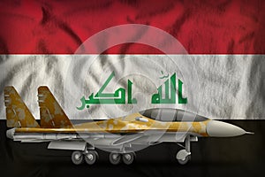 Fighter, interceptor with desert camouflage on the Iraq state flag background. 3d Illustration