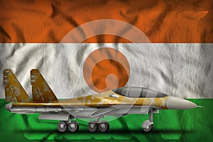 Fighter, interceptor with desert camouflage on the Niger state flag background. 3d Illustration