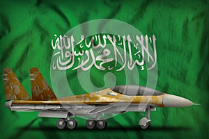 Fighter, interceptor with desert camouflage on the Saudi Arabia state flag background. 3d Illustration