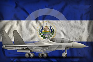 Fighter, interceptor on the El Salvador state flag background. 3d Illustration