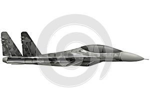 Fighter, interceptor flying with grey camouflage with fictional design - isolated object on white background. 3d illustration