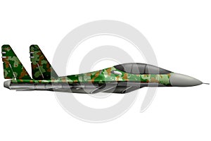 Fighter, interceptor flying with summer camouflage with fictional design - isolated object on white background. 3d illustration