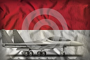 Fighter, interceptor on the Indonesia state flag background. 3d Illustration