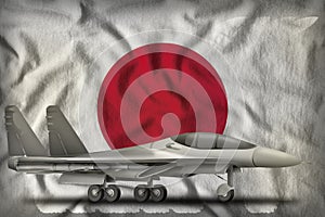 Fighter, interceptor on the Japan state flag background. 3d Illustration