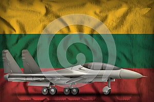 Fighter, interceptor on the Lithuania state flag background. 3d Illustration