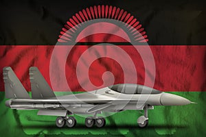 Fighter, interceptor on the Malawi state flag background. 3d Illustration