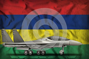 Fighter, interceptor on the Mauritius state flag background. 3d Illustration