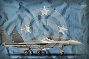 Fighter, interceptor on the Micronesia state flag background. 3d Illustration