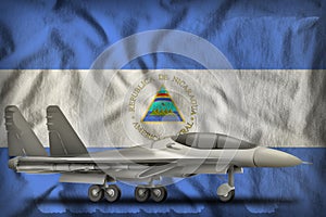 Fighter, interceptor on the Nicaragua state flag background. 3d Illustration