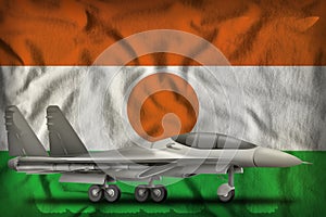 Fighter, interceptor on the Niger state flag background. 3d Illustration