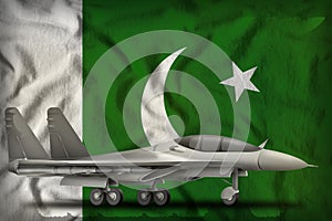 Fighter, interceptor on the Pakistan state flag background. 3d Illustration