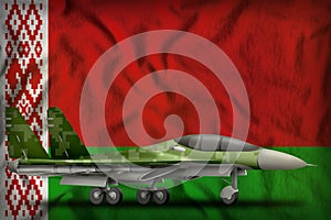 Fighter, interceptor with pixel forest camouflage on the Belarus state flag background. 3d Illustration