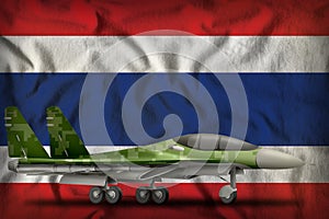 Fighter, interceptor with pixel forest camouflage on the Thailand state flag background. 3d Illustration