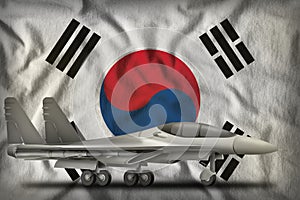 Fighter, interceptor on the Republic of Korea South Korea state flag background. 3d Illustration