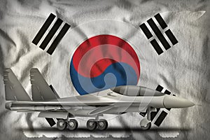 Fighter, interceptor on the Republic of Korea South Korea state flag background. 3d Illustration