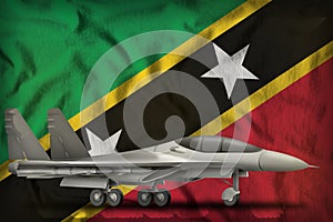 Fighter, interceptor on the Saint Kitts and Nevis state flag background. 3d Illustration